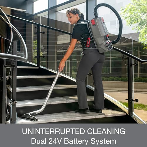 Sanitaire Transport Commercial Cordless Backpack Vacuum with Adjustable Wand, Dual 24V Batteries, Handheld Controls, SC580A. Gray
