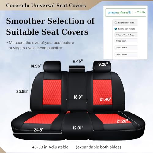 Image of Coverado Leather Rear Seat Covers for Cars, Waterproof Back Seat Cover, Universal Automotive Seat Cushion Protector for Most Cars Trucks SUV (Black & Red Line)