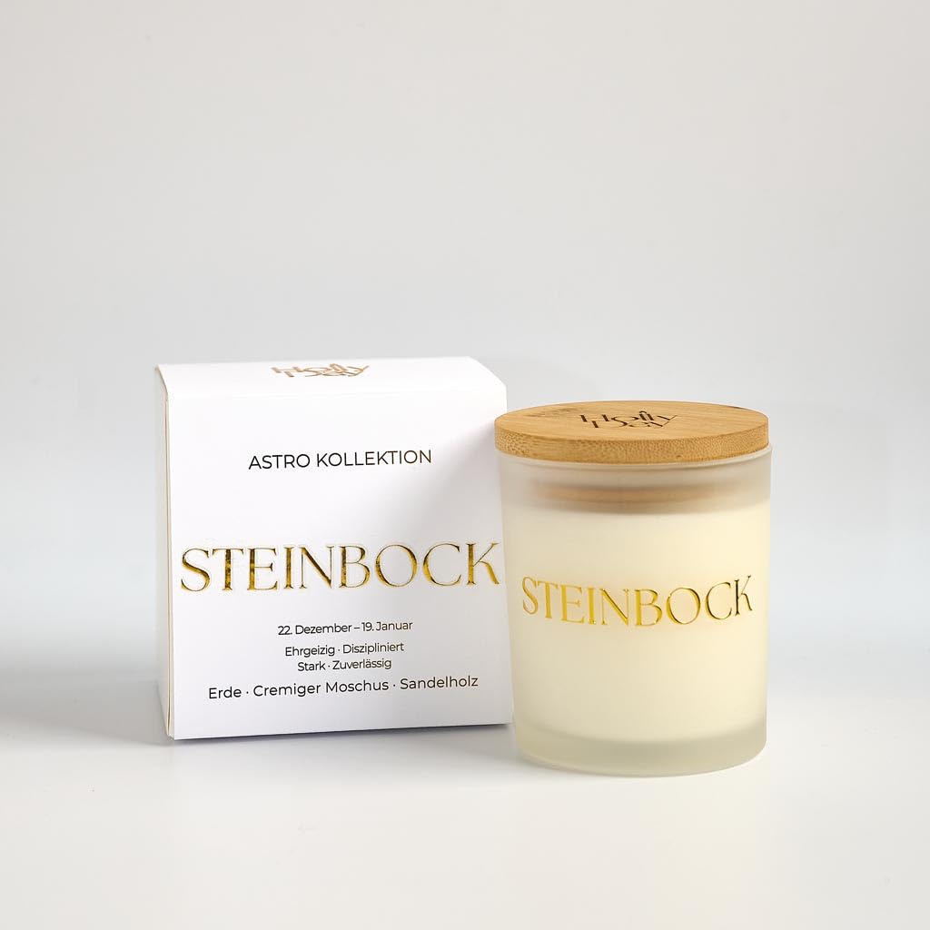 Steinbock Astro Duftkerze, Cremiger Moschus & Sandelholz, Sojawachs, 220 ml, 45–50 Stunden Brenndauer