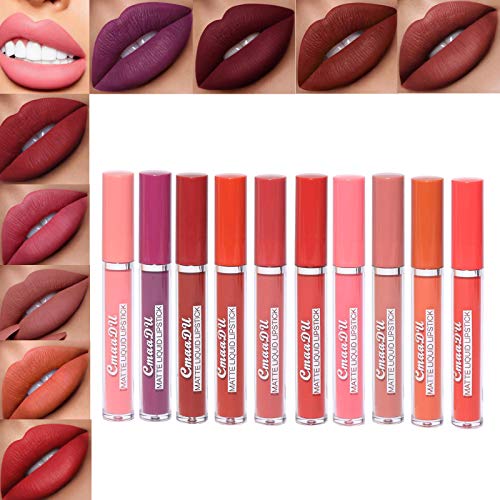 MYUANGO Matte Liquid Lipstick Set 10Pcs Plumping Lip Gloss Long Lasting Non-Stick Cup Waterproof Lip Makeup Gift Box Nude Velvet Not Fade Moisturizer Smooth Lipstick kit