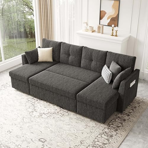Image of Huatean Home Oversized Sleeper Sofa Couch, 110 inch 2 in 1 Pullout Couch Bed with Side Pockets for Living Room, Sectional Sleeper Sofa Bed with Double Storage Chaise, Black