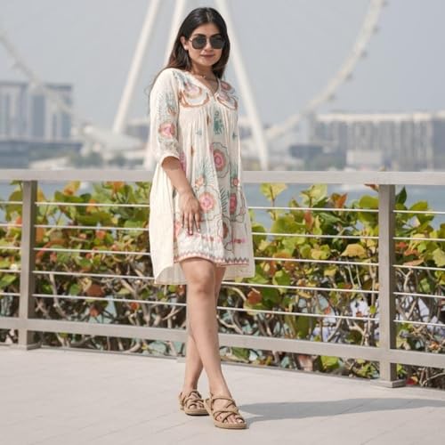 Image of Women's Off-White Cotton Embroidered Short Dress, Petal Stitch Detailing, Half Sleeves, A-Line Fit