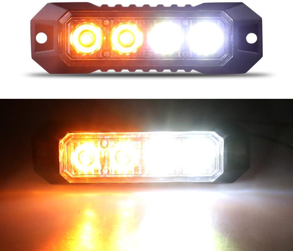 Amber/White LED Grille Strobe Lights Kit, Deck Dash Grill Side Marker Flashing Warning Hazard Police Light for Firefighter Vehicles Van Cars SUV ATV Truck Pickup with Sync Funtion