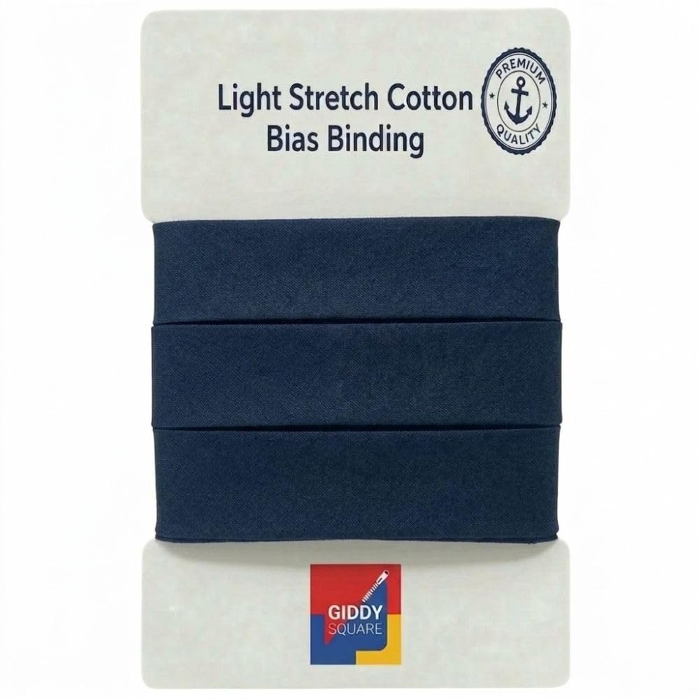Premium Navy Light Stretch Cotton Bias Binding Tape, 18mm Wide x 10m Length, Smooth Finish Mild Elastic Trim for Clothing, Sportswear, Quilting & Blankets - Giddy Square