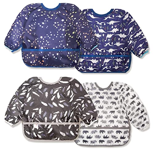 Image of Joyo roy Mess Proof Baby Bibs for Eating Waterproof Toddler Bibs for Boys Soft Machine Washable Long Sleeve Bib 1-3 Years Travel Reusable Baby Smock Apron for Feeding Bib with Food Catcher