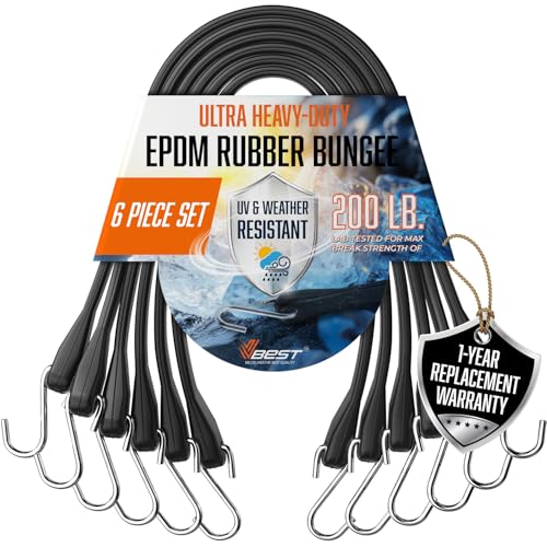Image of EPDM Rubber Bungee Cords with Hooks - 8Pcs Heavy Duty Outdoor Straps | Black Rubber Assorted Sizes Bungy Cords 10 inch,15 inch,21 inch,31 inch - Strong Bungie - UV & Weather Resistant Bunjees 200lb Strength