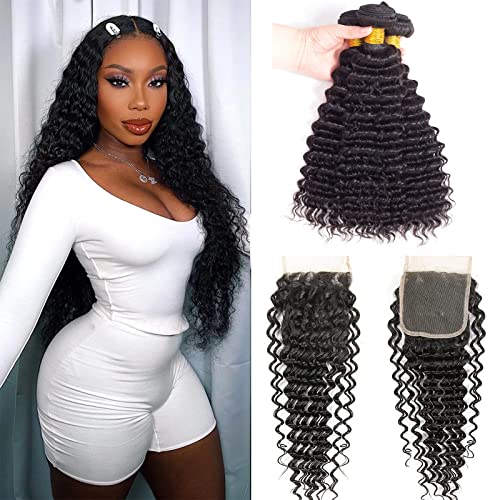 Human Hair 3 Bundles with Closure Deep Wave (182022+16Inch) 9A Grade Brazilian Virgin Deep Wave Human Hair with Free Part Lace Closure Natural Color (182022+16Inch)