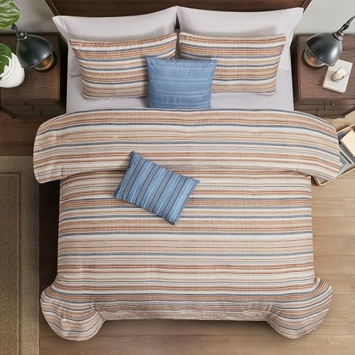 Image of Modern Threads 5-Piece Printed Comforter Set Monty - Blue & Tan Stripe Bedding with Decorative Pillows & Shams, Soft All Season Bed Set, Queen