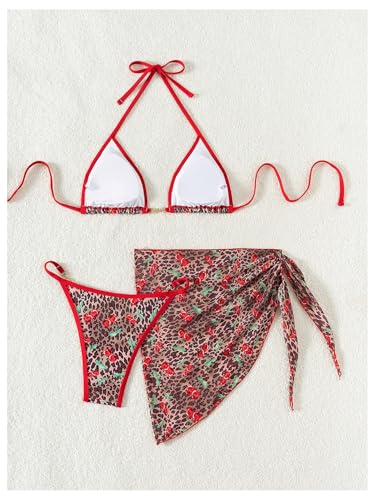 SOLY HUX Women's 3 Piece Swimsuit Leopard Cherry Print Halter Bikini Set Bathing Suit with Sarong Wraps Cover Up2