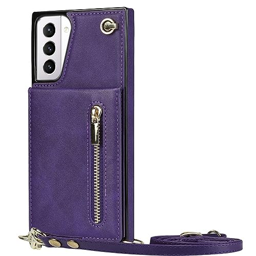 Étui anti-chute Samsung S20 Plus avec lanière en cuir et portefeuille zippé violet