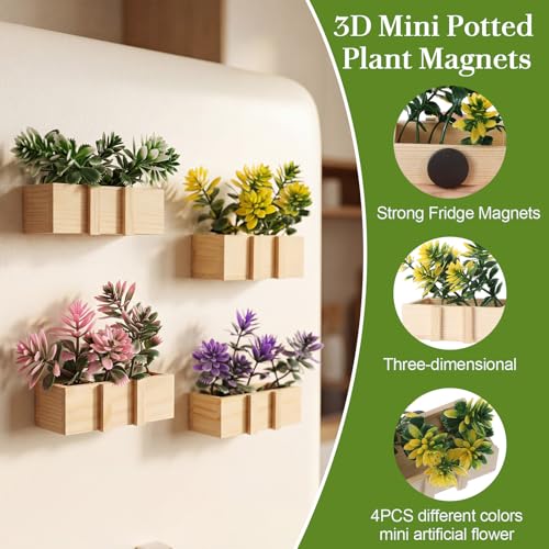 4 imanes de madera flor en maceta 3D para refrigerador miniatura 3