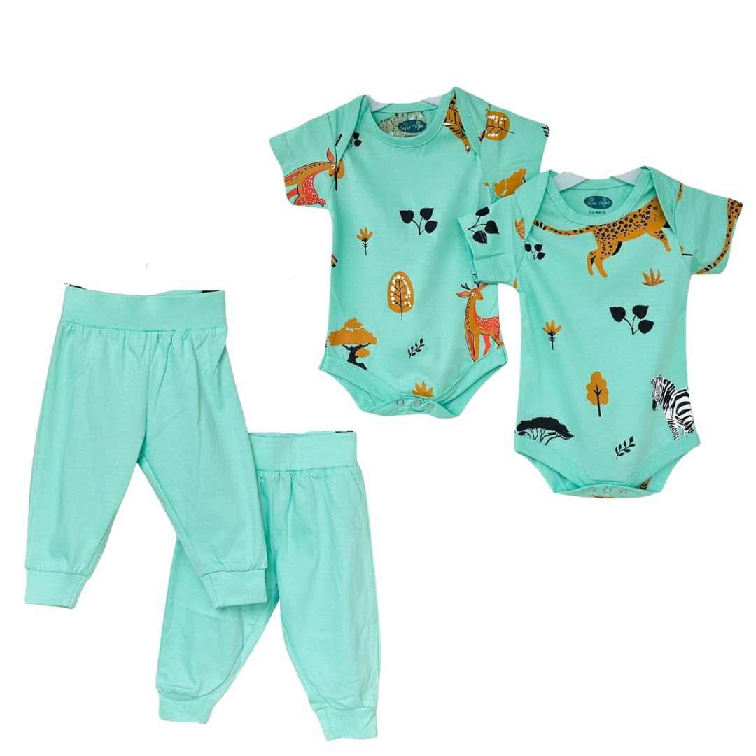Cotton Spots & Stripes - Jungle Inspired Theme Print Twins Onesie Set for Babies