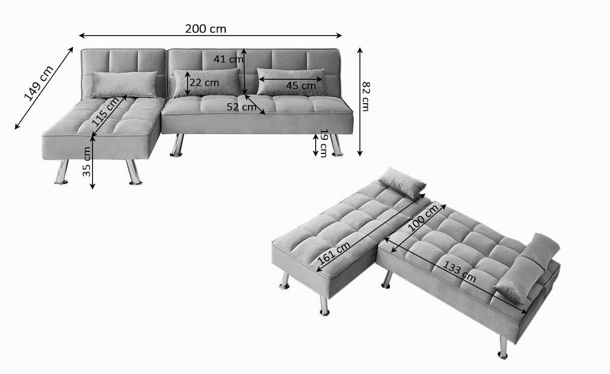 Ibera Sofá Cama Chaise Longue Noelia XS, 200x149cm - Funcionalidad y Estilo - Color Negro Terciopelo
