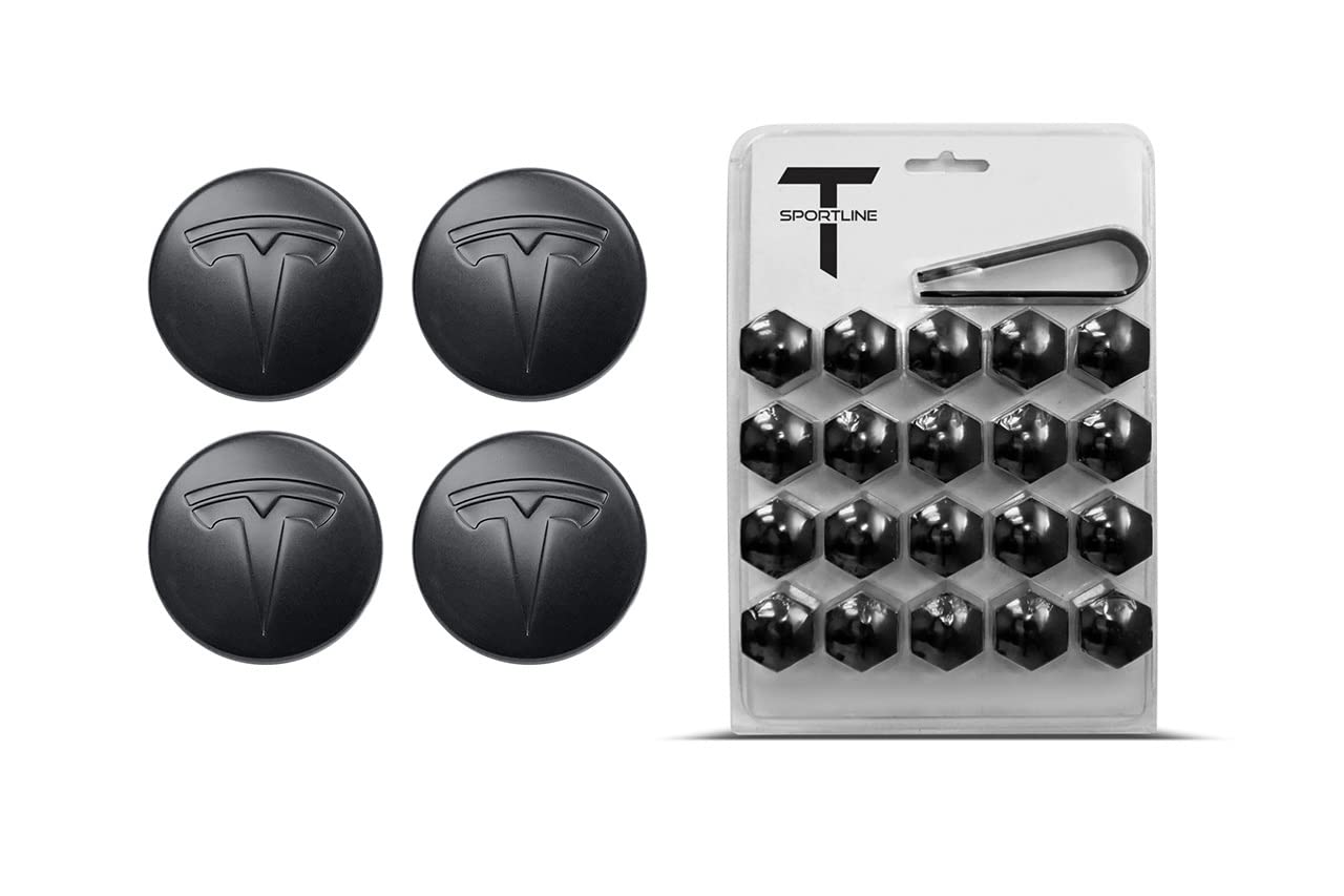 T Sportline Tesla Model 3 Factory Satin Black Center Cap Set Wheel Lug Nut Cover Set - Fits Stock Wheels with Aero Covers Removed