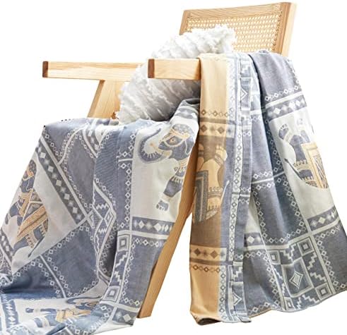 MEJU Elephant Check Geometric Muslin Lightweight Summer Blanket for Bed Sofa Couch, 100% Combed Cotton 2 Layer Soft Warm Quick Dry Throw Blanket Bed Coverlet Sheet (Elephant Blue, F/Q 78" X 90")