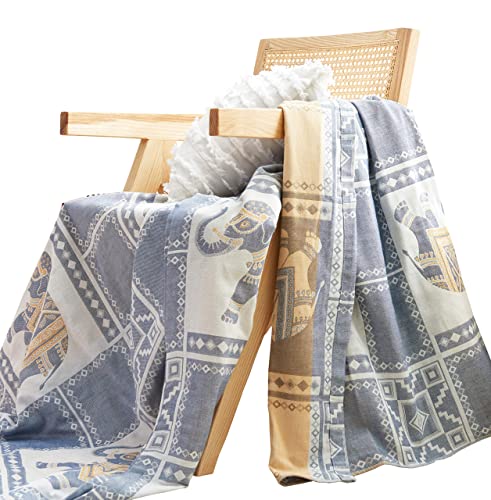 Meju Elephant Check Geometric Muslin Lightweight Summer Blanket For Bed Sofa Couch, 100% Combed Cotton 2 Layer Soft Warm Quick Dry Throw Blanket Bed Coverlet Sheet (Elephant Blue, F/Q 78" X 90") #TOP12