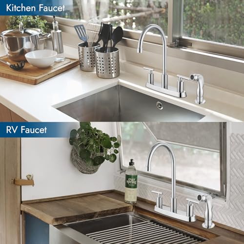 Cinwiny Kitchen Faucets, High Arc 360°Rotating Spout Kitchen Sink Faucet, 2 Handle 8 Inch Centerset RV Kitchen Faucet with Supply Lines, 3 or 4 Hole Kitchen Faucet with Side Sprayer, Polish Chrome by Cinwiny - Image 2