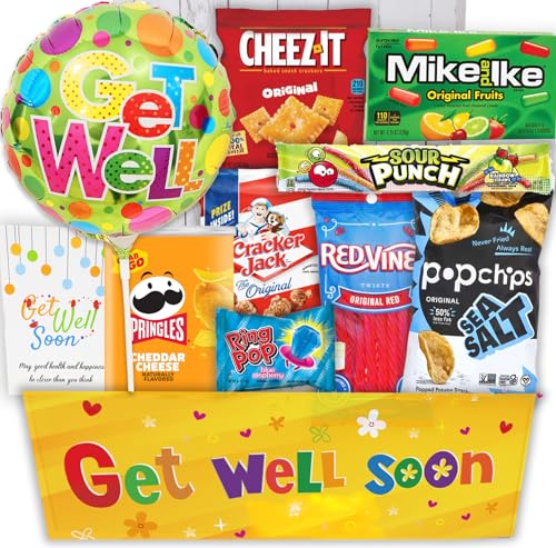 GET WELL Gift Basket Care Package for Kids Unisex, Child Boy or Girl Feel Better Soon Package for Home or Hospital After Surgery w/Balloon, Candy, Snacks & Greeting Card