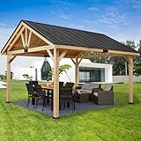 MELLCOM 13' x16' Wood Gazebo, Spruce Solid Wood Hardtop Pavilion, Waterproof Asphalt Roof, for Patio, Lawn, Garden, Easy Installation