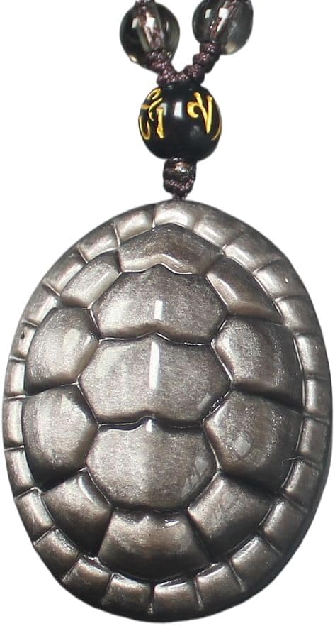 Natural Crystal Rainbow Silver Gold Obsidian Turtle Tortoise Shell Necklace Pendant with Adjustable Bead Chain for Men Women
