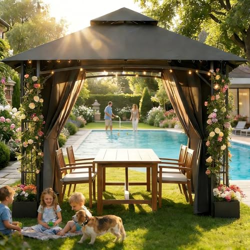 TRIUMPHKEY Pavillon 3,3x3,3m Wasserdicht Stabil Winterfest, Gartenpavillon mit Doppeldach, Seitlicher Rahmen mit Blumenmuster und Vier eiserne Blumentöpfe Gartenlaube für Garten, Terrassen, Grau