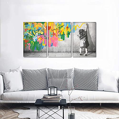 3 Pieces Motivational Canvas Wall Art Graffiti Banksy Art Love Is The Heart Canvas Picture Painting Abstract Colourful Street Poster Black White Little Girl Painting Ready To Hang-72"Wx36"H #TOP3