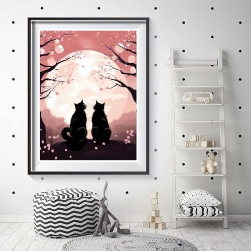 Peinture Diamant Adulte Anti Stress Grand Format Kit Complet Chat Lune DIY Strass 70x90cm