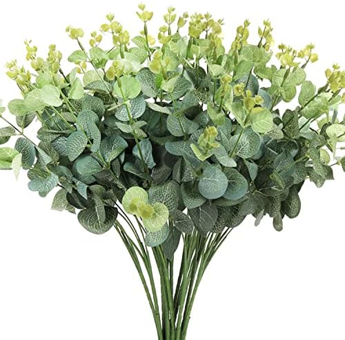 BELLE VOUS 4 Pack Plastic Artificial Eucalyptus Plants - Outdoor/Indoor Fake Faux Greenery Flowers for Home, Garden, Wall Basket, Bushes/Shrubs, Wedding Garland and Office Decor