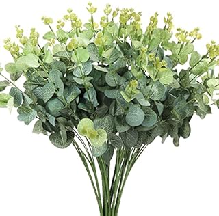 BELLE VOUS 4 Pack Plastic Artificial Eucalyptus Plants - Outdoor/Indoor Fake Faux Greenery Flowers for Home, Garden, Wall Basket, Bushes/Shrubs, Wedding Garland and Office Decor