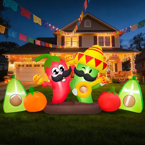8 FT Long Cinco De Mayo Inflatable Chili Outdoor Decorations Built-in LEDs Blow Up Hot Pepper with Taco Sombreros Weatherproof Easy Set Up for May 5 Fiesta Mexican Party Indoor Yard Garden Lawn