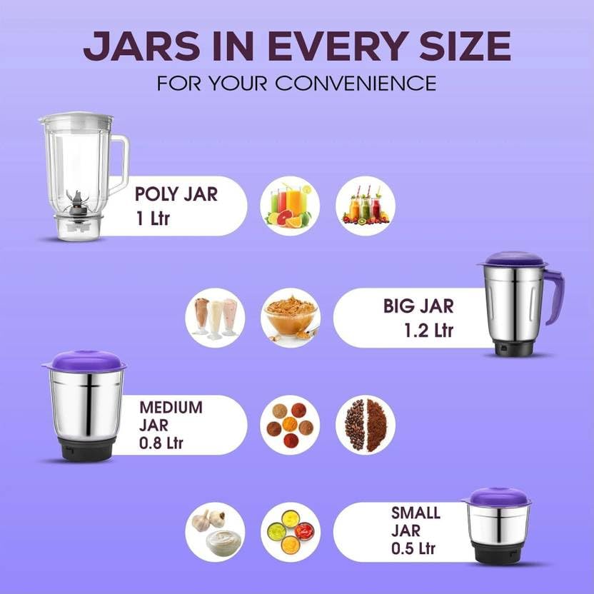 Image of Moonstruck By Suprimo Star Purple Powerful 750 Watt 3 Jar Mixer Grinder Blender With 1100 Watt Dry Iron Mixie For kitchen 2 Years Warranty (Purple)
