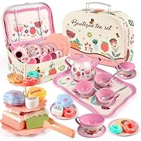 Tea Party Set for Little Girls, Flower Tea Set Toys for Girls Age 3 4 5 6 Year Old, Toddler Kids Kitchen Pretend Play Toys with Tin Tea Set, Cake Stand, Christmas Gifts for Girls