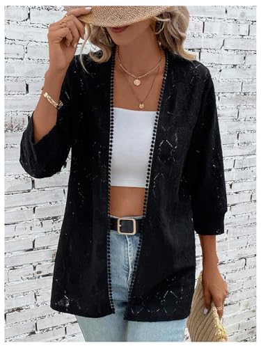 Image of MakeMeChic Women's Open Front Cardigan Sweater Hollow Out 3 /4 Sleeve Cardigan Black Small