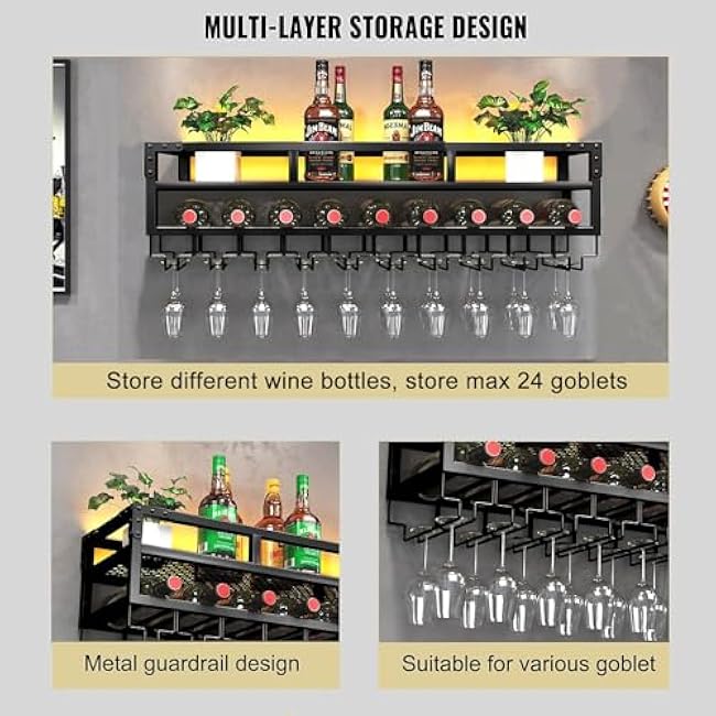 Pengfei LED Wine Rack Wall Mounted, Industrial Metal Wall Wine Shelf & Glass Holder, Large Floating Shelves Wine Bottle Storage Display Rack for Home Bar Dining Room Decor