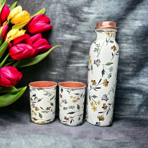 Image of Copper Water Bottle 1 Ltr | Copper Water Bottle with Glass Set | Meena Work | 100% Pure | Leak-Proof | 2 Water Glass 300ml each | Best for Gifting (Leaf Design - 1)