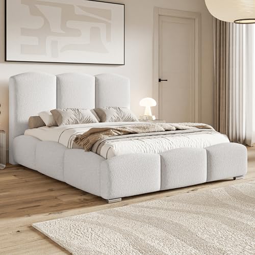 MOTIVENA Hilton Bubble Bett 160x200 Weiß Boucle, mit Stauraum, mit Kopfteil, mit Lattenrost, mit Füßen, ohne Matratze, Bubble Polsterbett 160x200 mit Bettkasten Weiß (Milch)
