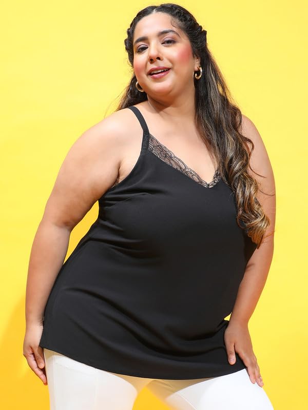 Image of oxolloxo Women Plus Size Soild V-Neck with Lace Detailed Sleeveless Strappy Top
