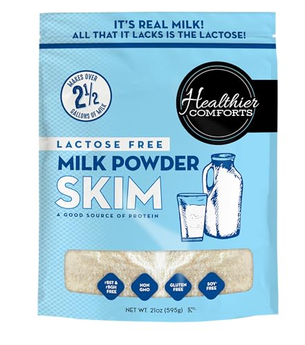 Healthier Comforts Lactose Free Skim Milk Powder | High Protein, Fat Free, Non-GMO, rBST Hormone Free, Kosher, Gluten Free, No Fillers | Baking, Coffee Creamer, Shakes| Makes 14 cups (21 oz)