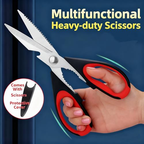 Image of Kitchen Scissors, Heavy Duty Shears with Safety Cover, Soft Grip, for Meat, Poultry, Herbs Cutting, Bottle and Jar Opener (Red-grey-orange)