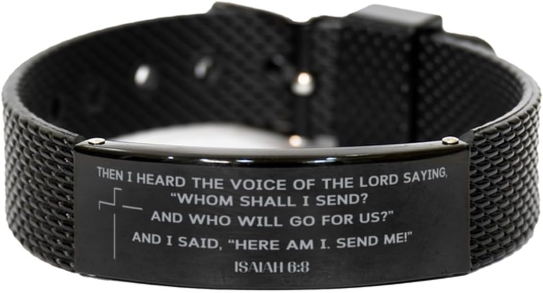 Isaiah 6:8, Then I Heard The Voice Of The Lord, Bible Verse Bracelets, Black Shark Mesh Bracelet, Inspirational Jewelry, Christian Gift, Confirmation Sponsor Gifts, First Holy Communion Baptism Gifts,