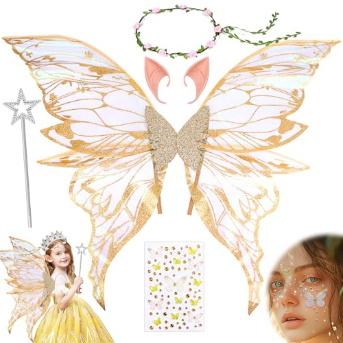 KOVSGQ - KOVSGQ Ailes de fée pour enfants et adultes - Costume d'ailes de papillon - Avec oreilles d'elfe - Bandeau et étoiles - Convient pour Halloween, cosplay, fête (doré)