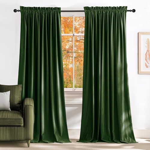 NICETOWN Olive Green Velvet Blackout Curtains 96 inch Long Room Darkening Drapes, Thermal Insulated Energy Saving Super Soft Luxury Window Treatments for Bedroom andLiving Room Decor, 52 Wide 2 Panels