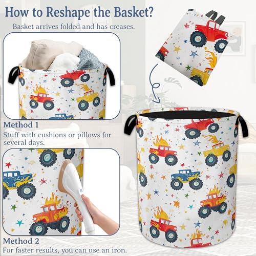 Image of Cute Truck Laundry Basket,Foldable Oxford Cloth Laundry Hamper With Handle, 20.8 inchx16 inch Portable Clothes Storage Basket Bag for Laundry Room /Bathroom /Bedroom /Dormitories