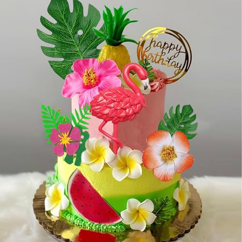 Lefubaby LEAF-LS-24-LJJ Flamingo Cake Toppers Summer Cake Decorations With Hibiscus Flower Palm Leaves Pineapple Cake Decor For Birthday Summer Tropical Hawaiian Themed Party Supplies thumb #3