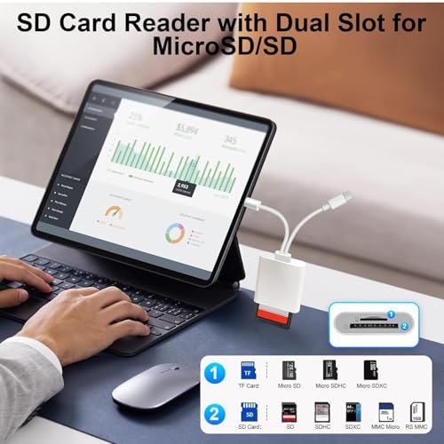 Lecteur de Carte SD pour iPhone [Certifié Apple MFi] 2 en 2 Adaptateur Carte SD USB C Lightning vers SD/Micro SD, Lecteur de Carte Mémoire Double Fente pour iPhone16 15/iPad/Samsung/Caméra/SDHC/SDXC – vue 6