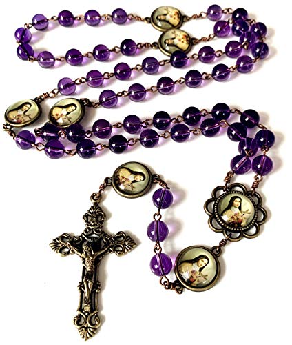 elegantmedical handmade ST.THERESE ROSARY CROSS CRUCIFIX NECKLACE BOX AMETHYST beads catholic GIFT