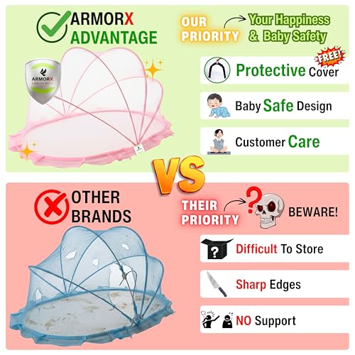 Image of ArmorX Baby Mosquito Net for Bed, Cot, Crib | Bubblegum Pink | Newborn - 24 Months | Foldable, Washable & Breathable Insect Mesh with Easy to Carry Travel Bag | Chemical-Free Protection for Toddlers