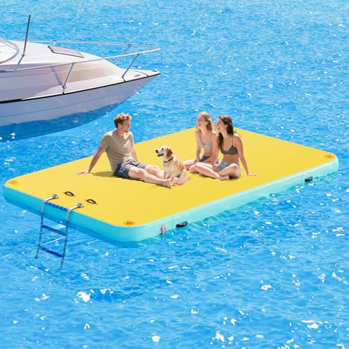 Specraft 10x6 ft Inflatable Floating Dock with Non-Slip Surface, Detachable Ladder, Multi-Person Swim Platform for Pool, Beach, Ocean, Yellow+Mint Green