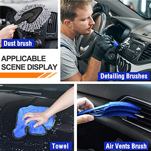 Lezcufer 17 Pcs Car Wash Kit, 62" Car Wash Brush Mop With Long Handle, Car Detailing Brush Set, Car Cleaning Kit, Car Wash Bucket With Dirt Trap, Complete Car Cleaning Supplies Interior, Blue #TOP3
