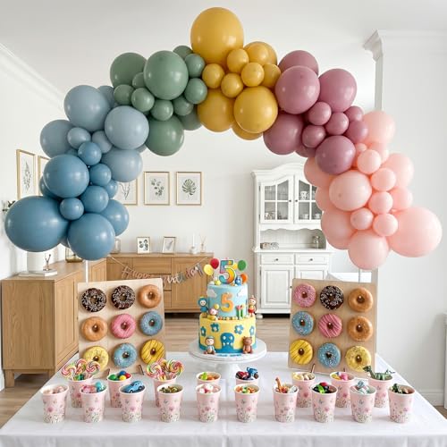 Image of Boho Rainbow Balloons, Retro Dusty Slate Blue Blush Pink Sage Green Yellow Nude Latex Balloon Muted Assorted Colorful Balloons for Kids Summer Flower Safari Baby Shower Birthday Party Decorations
